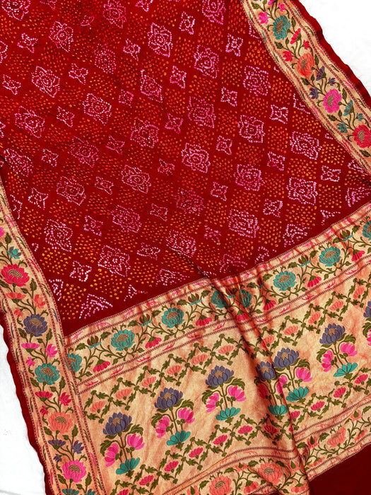 Handwoven Red Pure Georgette Bandhani Banarasi Saree - All over Bandhani Work
