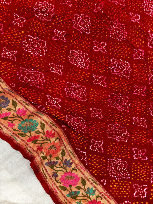 Handwoven Red Pure Georgette Bandhani Banarasi Saree - All over Bandhani Work