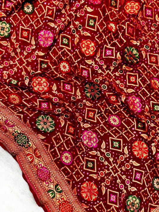 Handwoven Red Pure Georgette Bandhani Banarasi Saree - Meenakari Work