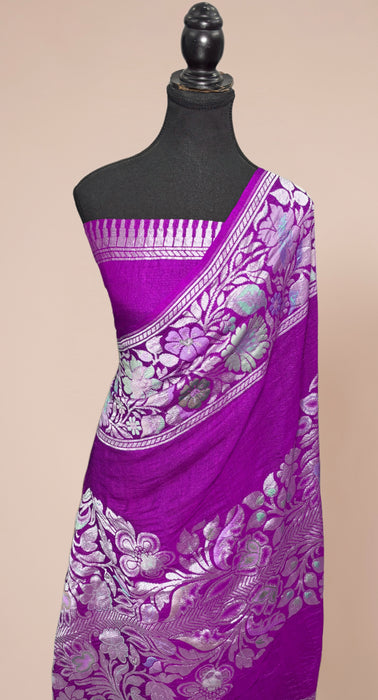 Purple Pure Tussar Georgette Banarasi Handloom Saree - Designer Meenakari