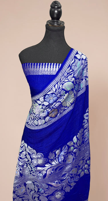 Royal Blue Pure Tussar Georgette Banarasi Handloom Saree - Designer Meenakari