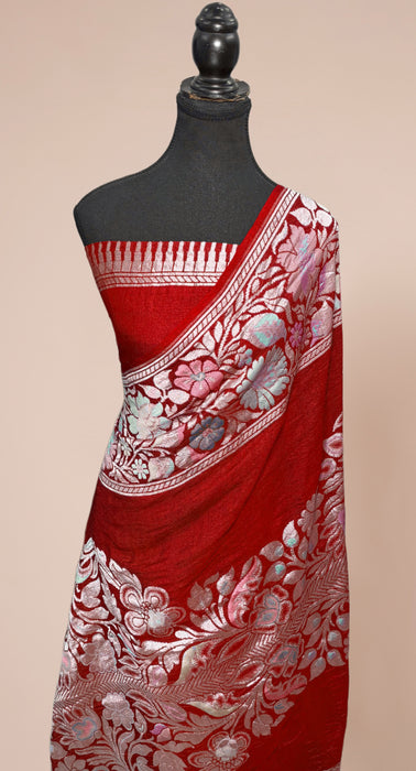 Dark Red Pure Tussar Georgette Banarasi Handloom Saree - Designer Meenakari
