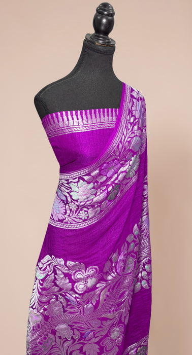 Purple Pure Tussar Georgette Banarasi Handloom Saree - Designer Meenakari