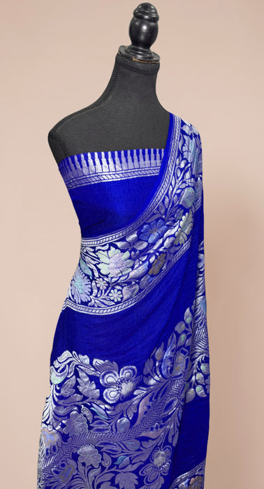 Royal Blue Pure Tussar Georgette Banarasi Handloom Saree - Designer Meenakari