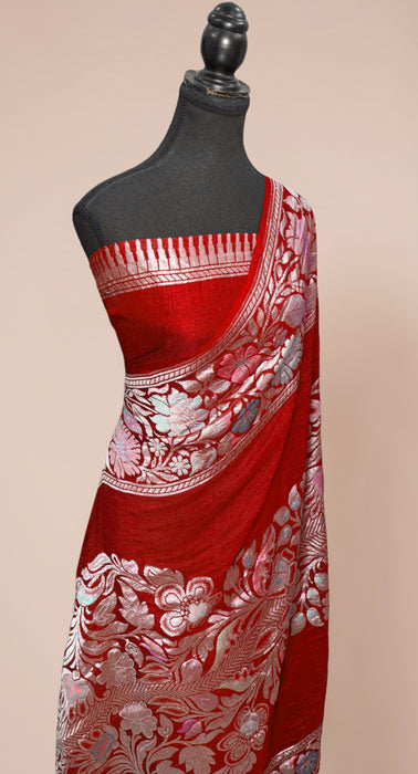 Dark Red Pure Tussar Georgette Banarasi Handloom Saree - Designer Meenakari