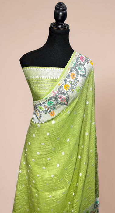 Pista Pure Tussar Georgette Banarasi Handloom Saree - Designer Meenakari