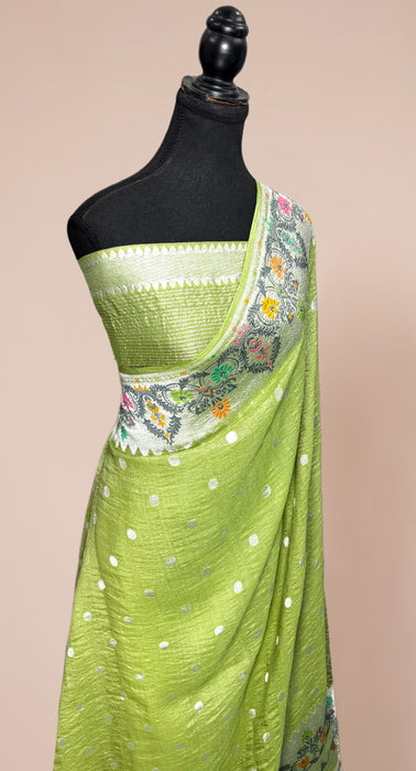 Pista Pure Tussar Georgette Banarasi Handloom Saree - Designer Meenakari