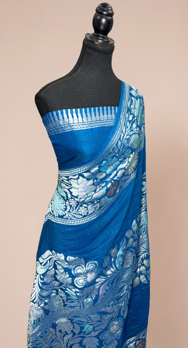Italian Blue Pure Tussar Georgette Banarasi Handloom Saree - Designer Meenakari