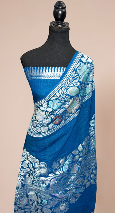 Italian Blue Pure Tussar Georgette Banarasi Handloom Saree - Designer Meenakari