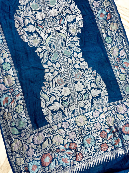 Italian Blue Pure Tussar Georgette Banarasi Handloom Saree - Designer Meenakari