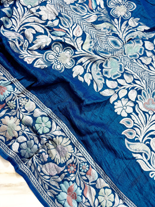 Italian Blue Pure Tussar Georgette Banarasi Handloom Saree - Designer Meenakari