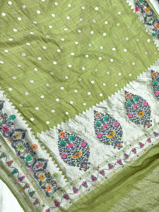Pista Pure Tussar Georgette Banarasi Handloom Saree - Designer Meenakari