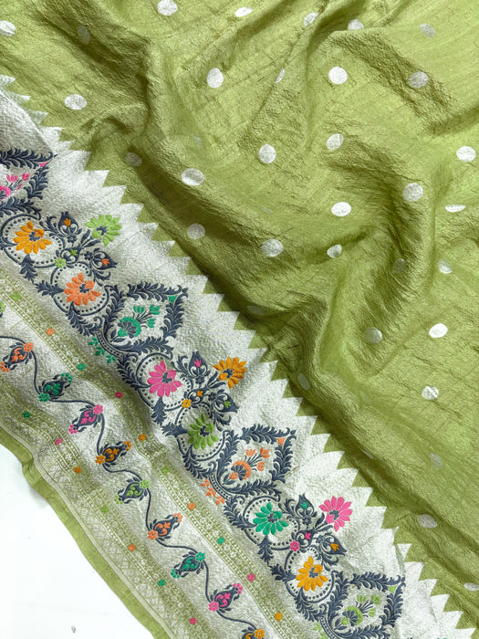 Pista Pure Tussar Georgette Banarasi Handloom Saree - Designer Meenakari