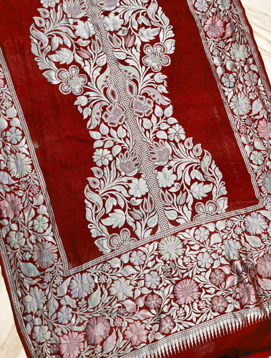 Dark Red Pure Tussar Georgette Banarasi Handloom Saree - Designer Meenakari