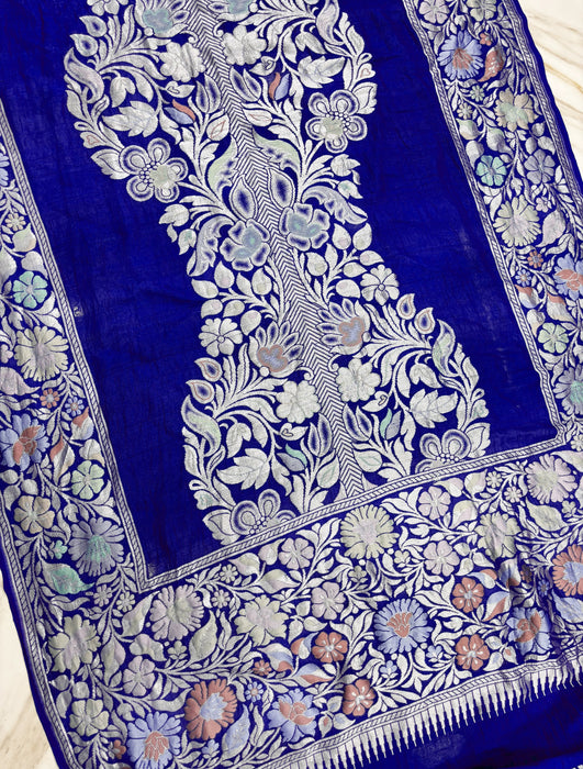 Royal Blue Pure Tussar Georgette Banarasi Handloom Saree - Designer Meenakari