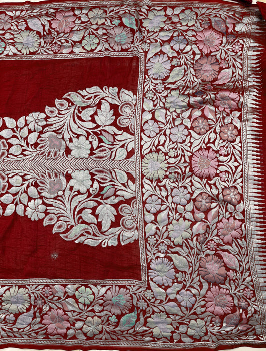 Dark Red Pure Tussar Georgette Banarasi Handloom Saree - Designer Meenakari