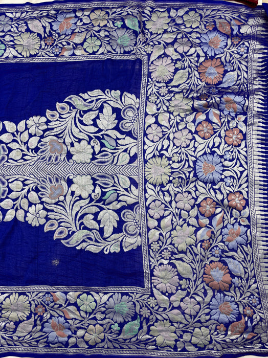 Royal Blue Pure Tussar Georgette Banarasi Handloom Saree - Designer Meenakari
