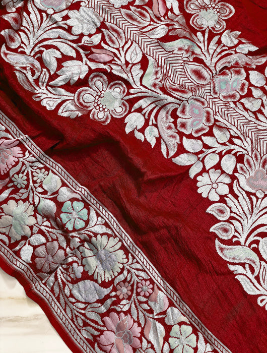 Dark Red Pure Tussar Georgette Banarasi Handloom Saree - Designer Meenakari