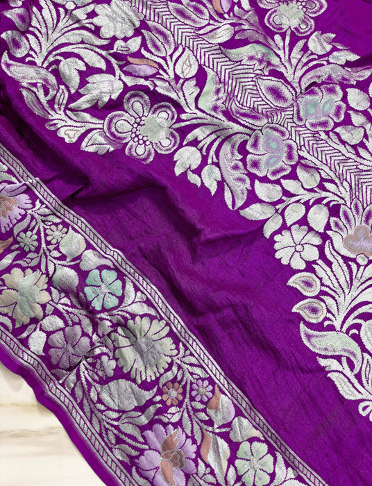 Purple Pure Tussar Georgette Banarasi Handloom Saree - Designer Meenakari