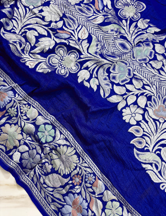 Royal Blue Pure Tussar Georgette Banarasi Handloom Saree - Designer Meenakari