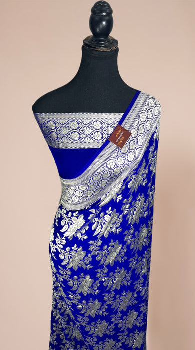 Royal Blue Pure Khaddi Georgette Banarasi Saree - Water Zari