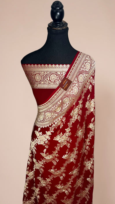 Maroon Khaddi Georgette Banarasi Handloom Saree - Water Zari