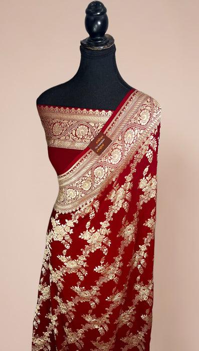 Maroon Khaddi Georgette Banarasi Handloom Saree - Water Zari