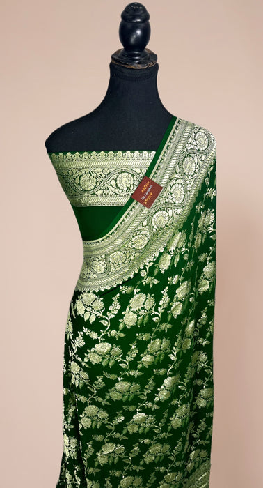 Green Khaddi Georgette Banarasi Handloom Saree - Water Zari