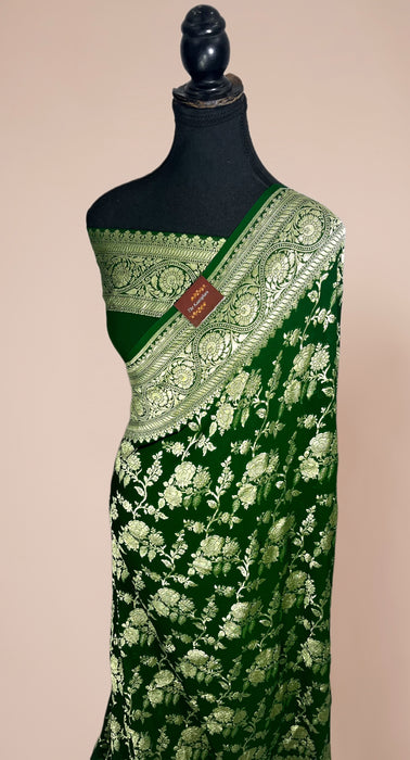 Green Khaddi Georgette Banarasi Handloom Saree - Water Zari