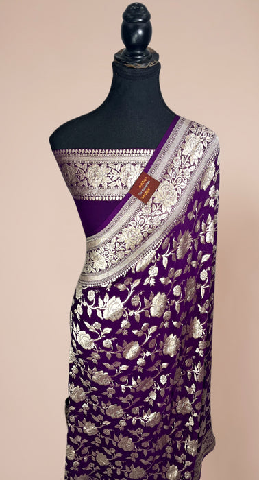 Deep Purple Khaddi Georgette Banarasi Handloom Saree - Water Zari