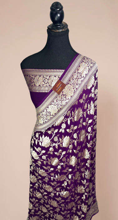 Deep Purple Khaddi Georgette Banarasi Handloom Saree - Water Zari