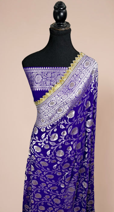Purple Pure Khaddi Georgette Banarasi Handloom Saree - Designer Border with Sorovski Work