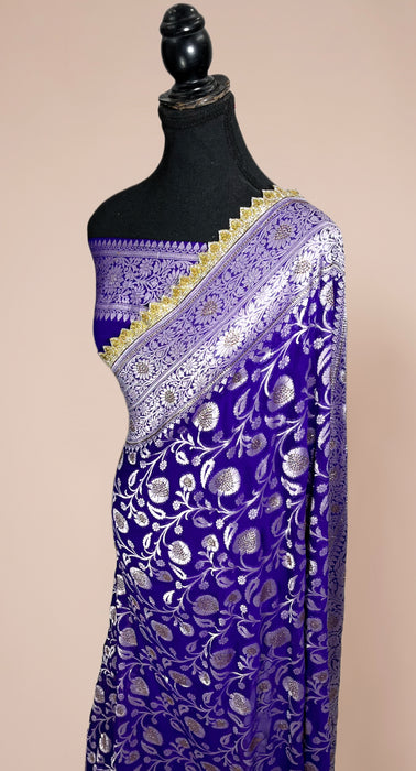 Purple Pure Khaddi Georgette Banarasi Handloom Saree - Designer Border with Sorovski Work