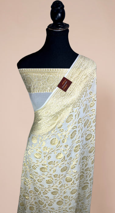 White Khaddi Georgette Banarasi Handloom Saree - Water Zari