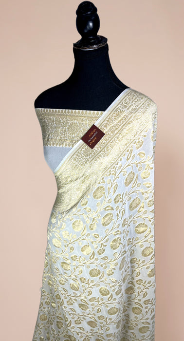 White Khaddi Georgette Banarasi Handloom Saree - Water Zari
