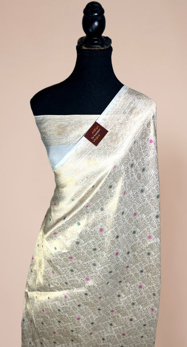 White Pure Katan Banarasi Handloom Saree - Meenakari Brocade Work