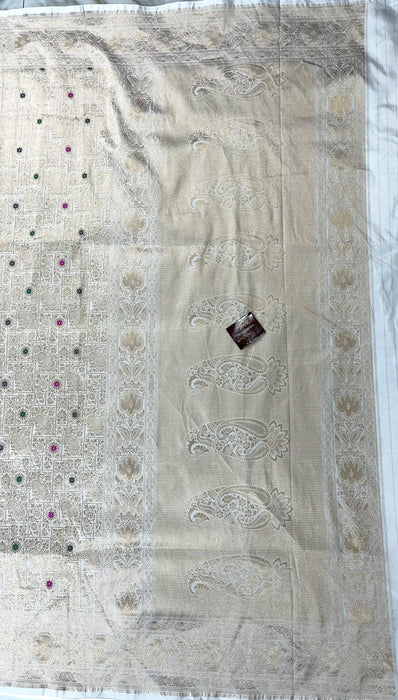 White Pure Katan Banarasi Handloom Saree - Meenakari Brocade Work