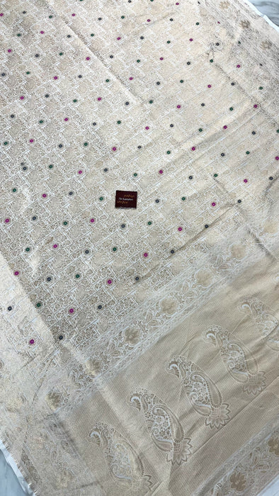 White Pure Katan Banarasi Handloom Saree - Meenakari Brocade Work