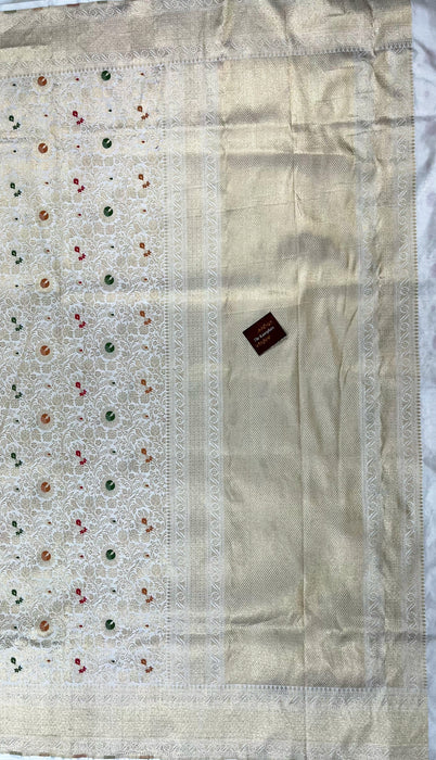 White Pure Katan Banarasi Handloom Saree - Meenakari Brocade Work
