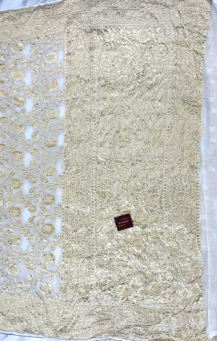 White Khaddi Georgette Banarasi Handloom Saree - Water Zari
