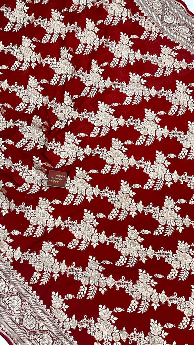 Maroon Khaddi Georgette Banarasi Handloom Saree - Water Zari