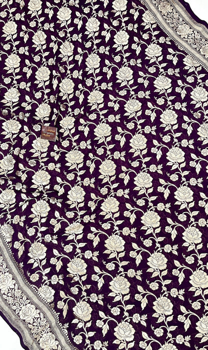 Deep Purple Khaddi Georgette Banarasi Handloom Saree - Water Zari