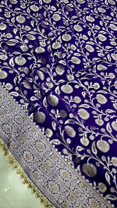 Purple Pure Khaddi Georgette Banarasi Handloom Saree - Designer Border with Sorovski Work