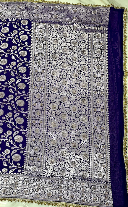 Purple Pure Khaddi Georgette Banarasi Handloom Saree - Designer Border with Sorovski Work