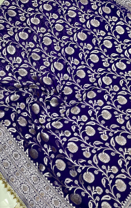 Purple Pure Khaddi Georgette Banarasi Handloom Saree - Designer Border with Sorovski Work