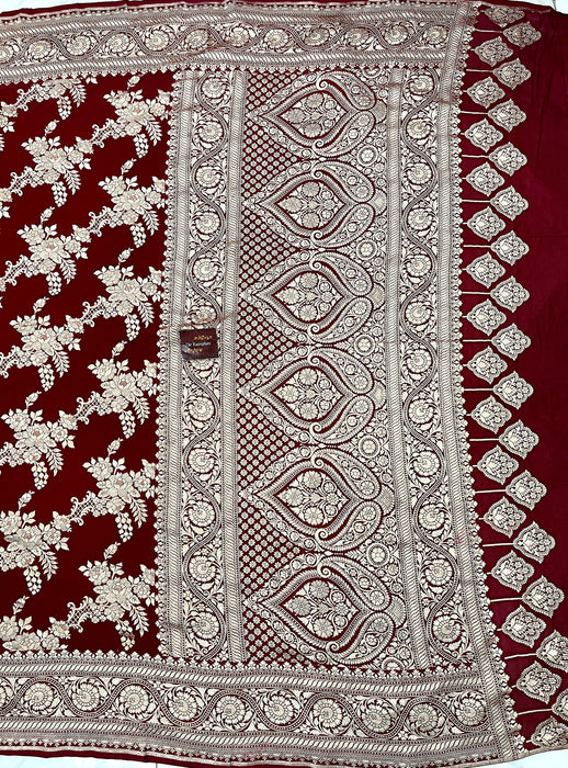 Maroon Khaddi Georgette Banarasi Handloom Saree - Water Zari