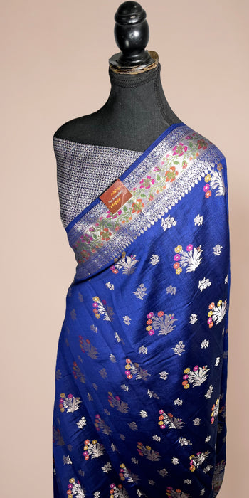 Navy Pure Soft Silk Chiniya Banarasi Handloom Saree - Meenakari