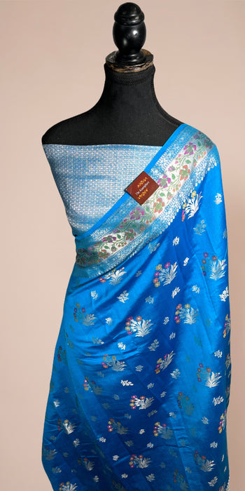Blue Pure Soft Silk Chiniya Banarasi Handloom Saree - Meenakari