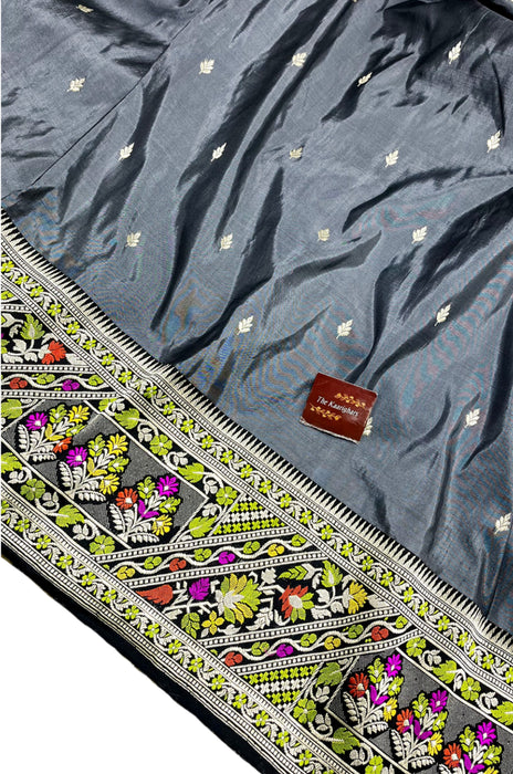 Charcoal Gray Pure Katan Banarasi Handloom Saree - Kadhiyal Meenakari