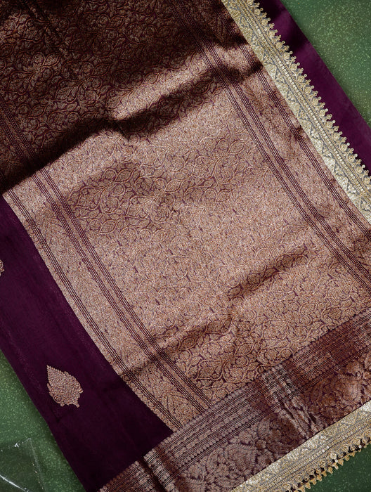 Wine Pure Kora Banarasi Handloom Saree - Antique Zari and Designer Border